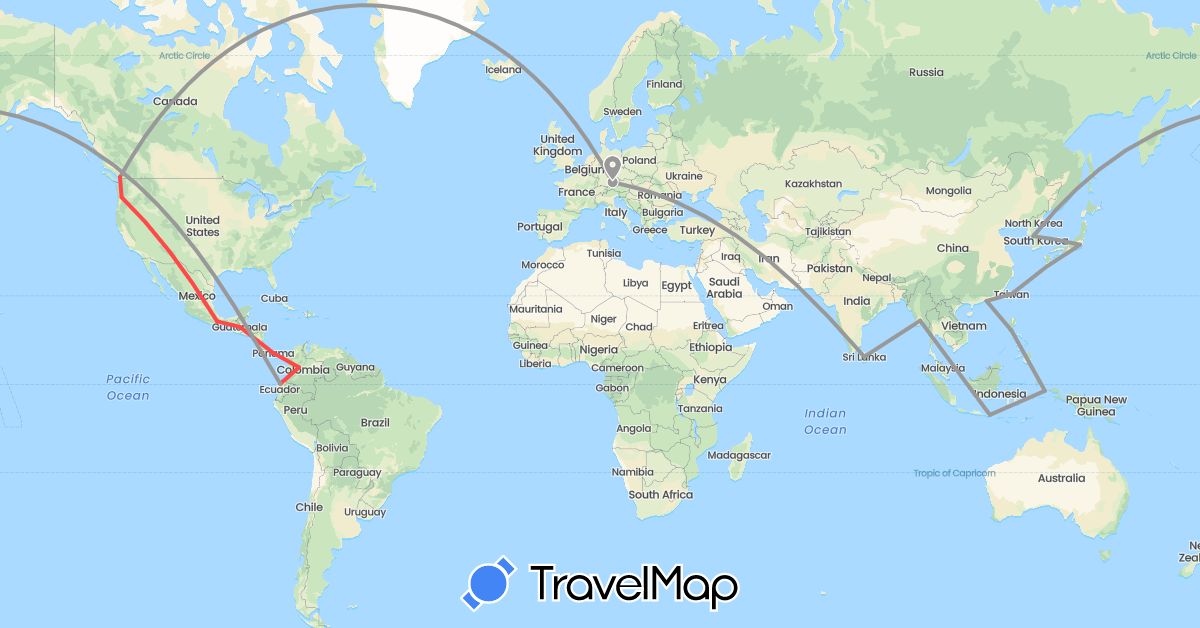 TravelMap itinerary: driving, plane, hiking in Canada, China, Colombia, Germany, Ecuador, Guatemala, Indonesia, Japan, South Korea, Sri Lanka, Myanmar (Burma), Mexico, Panama, Philippines, Taiwan, United States (Asia, Europe, North America, South America)